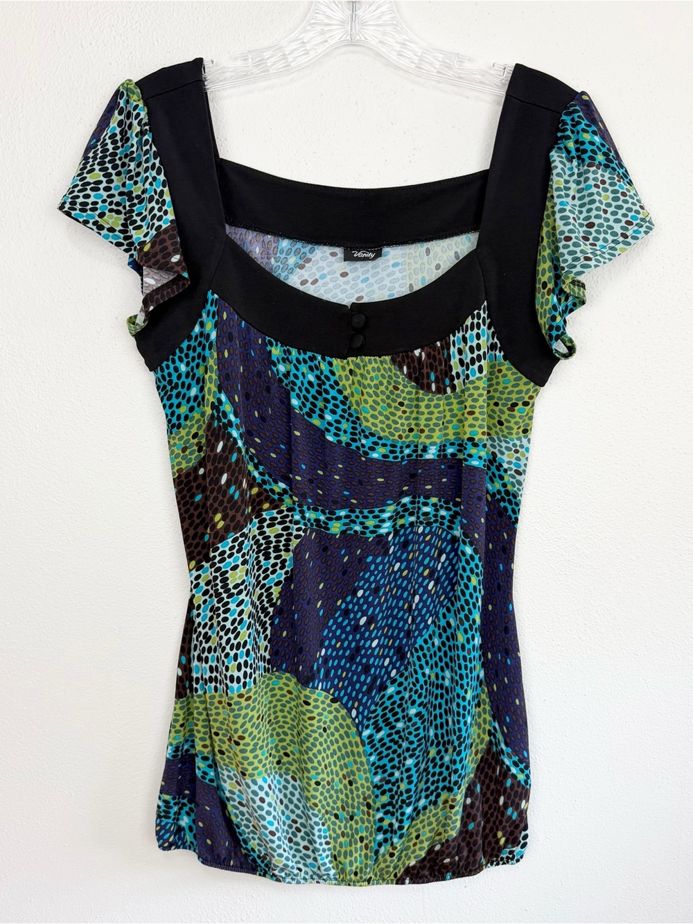 Vintage 2000s Vanity Flutter Sleeve Blouson Top Blue Green Size L